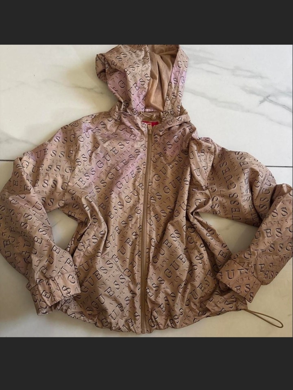 Guess Taupe Logo-Print Hooded Bomber Jacket
